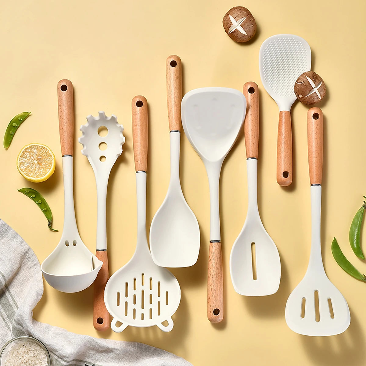 8-Piece Silicone Kitchen Utensils Set with Wooden Handles – Non-Stick Safe | Cream, White & Green