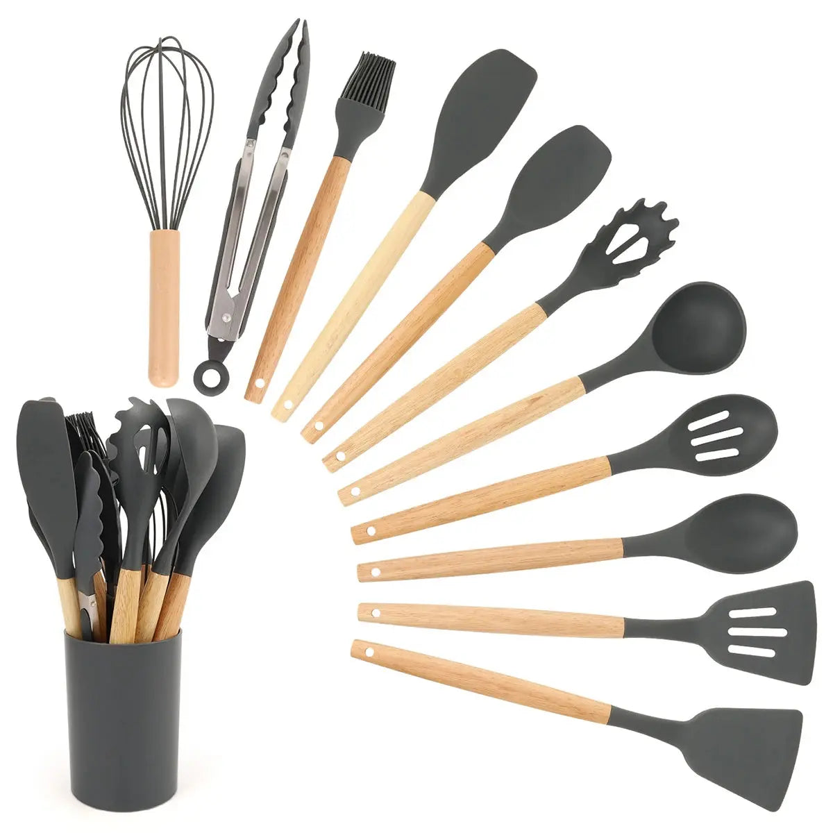 12-Piece Food-Grade Silicone Kitchen Utensils Set with Wooden Handles & Storage Holder – Versatile, Non-Stick & Heat-Resistant Cooking Utensils – Includes Turner, Spatula, Spoons & More for Cooking & Baking C for Chef