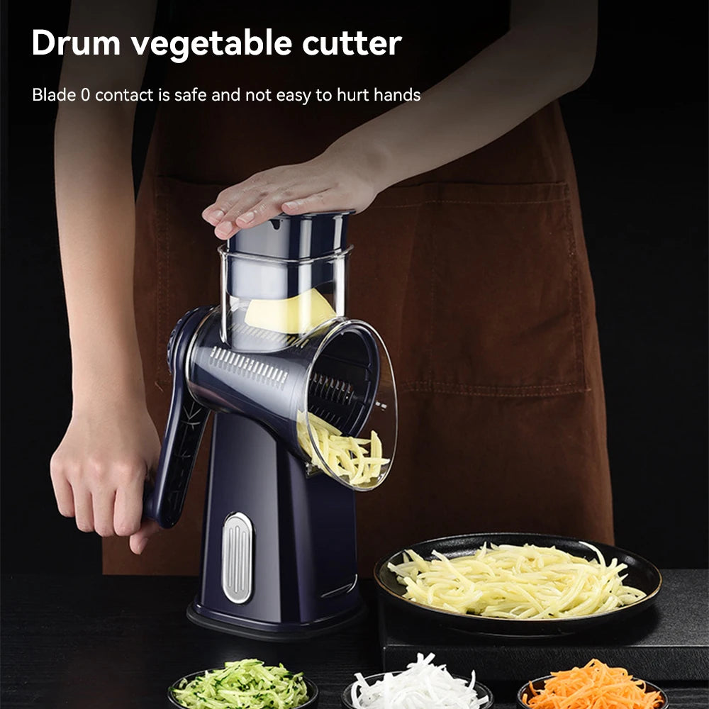 5-in-1 Rotary Vegetable Slicer & Handheld Drum Grater – 5 Stainless Steel Cones with Suction Base – Best for Cheese, Veg, Fruit & Nuts