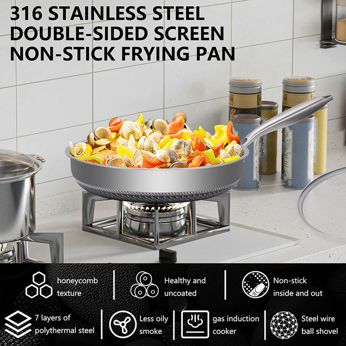 Honeycomb 316 Stainless Steel Non-Stick Frying Pan with Lid – Multi-Layer Clad Induction Skillet – Best for Eggs, Fish & Searing (30cm)