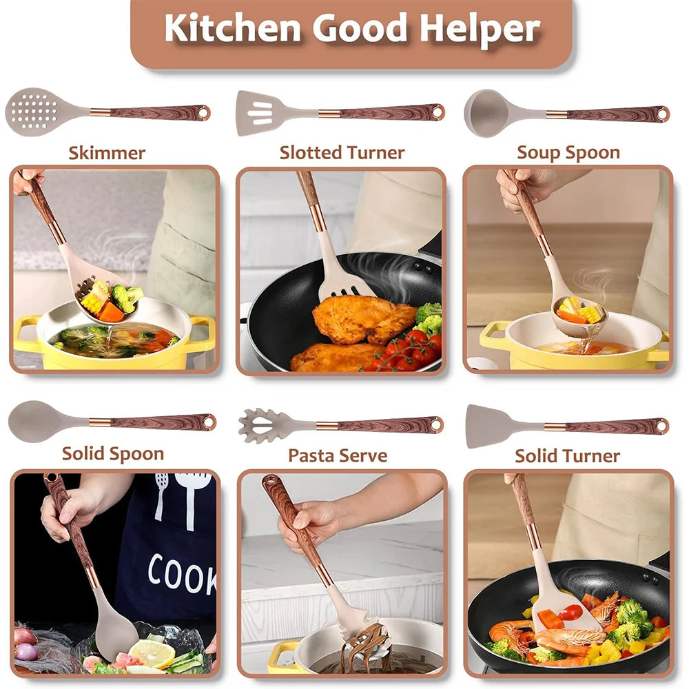 10-Piece Silicone Kitchen Utensils Set with Wooden-Effect Handles & Matching Utensil Holder – Heat-Resistant, Non-Stick Safe & Easy to Clean – Includes Spatulas, Spoons, Turners, Pasta Server, Brush & Skimmer – Perfect for Daily Cooking & Modern Kitchens