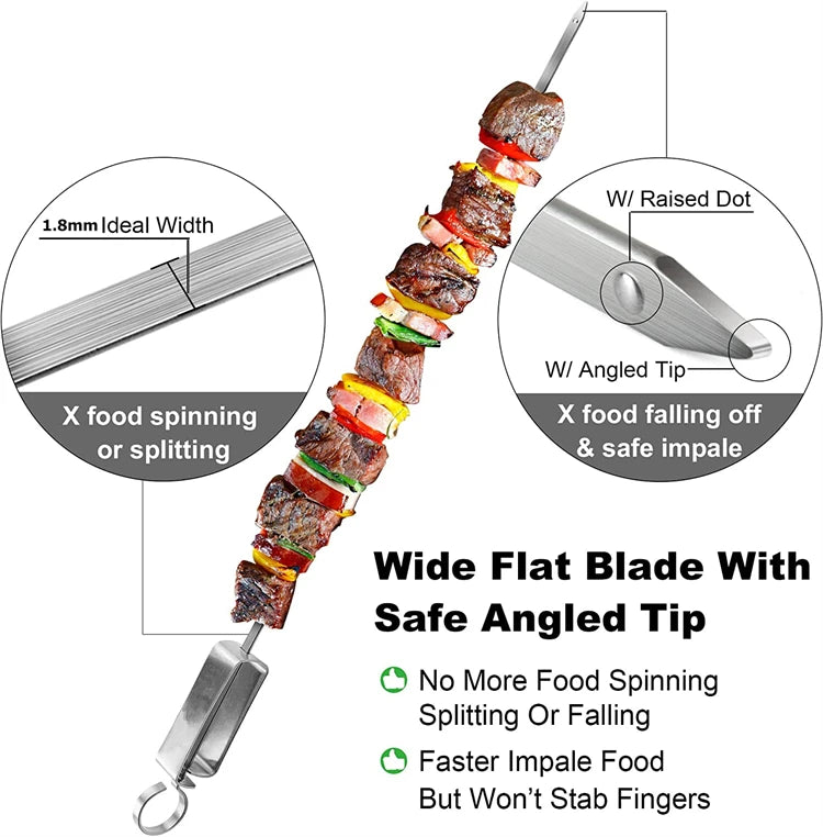 8 Pack Heavy-Duty Stainless Steel Kebab Skewers with Push Bar – Reusable BBQ Grill Skewer Sticks – Ideal for Kebabs, Halloumi & Vegetable Skewers – Available in 35cm, 41cm & 45.6cm