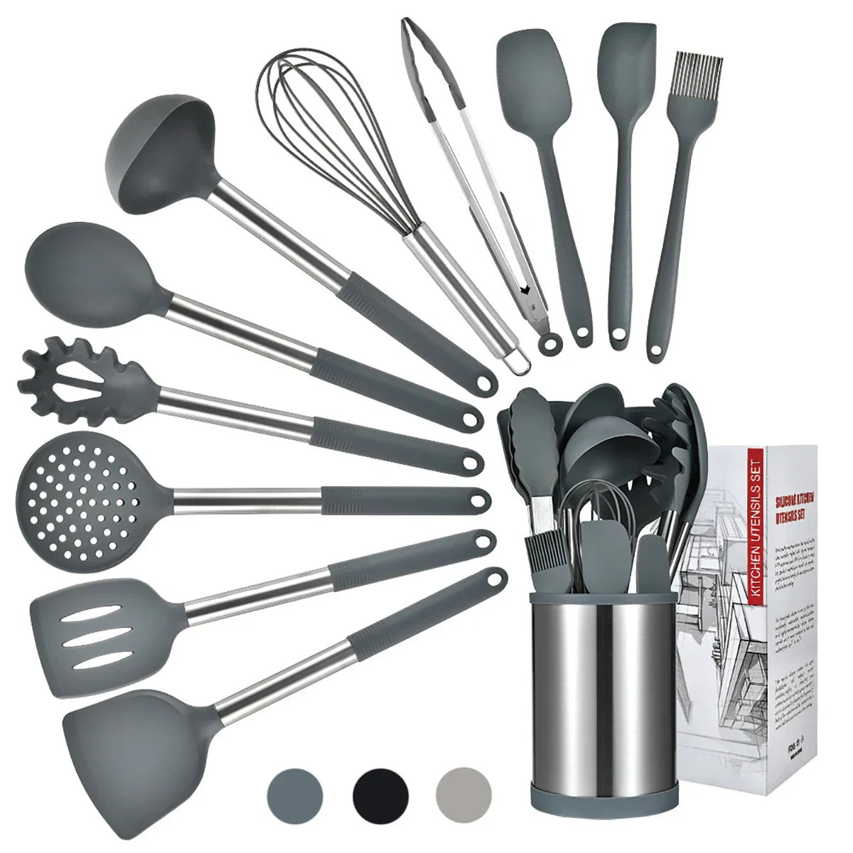 Food-Grade 12-Piece Silicone & Stainless Steel Kitchen Utensils Set with 360° Rotating Storage Holder– Heat-Resistant Cooking & Baking Utensils