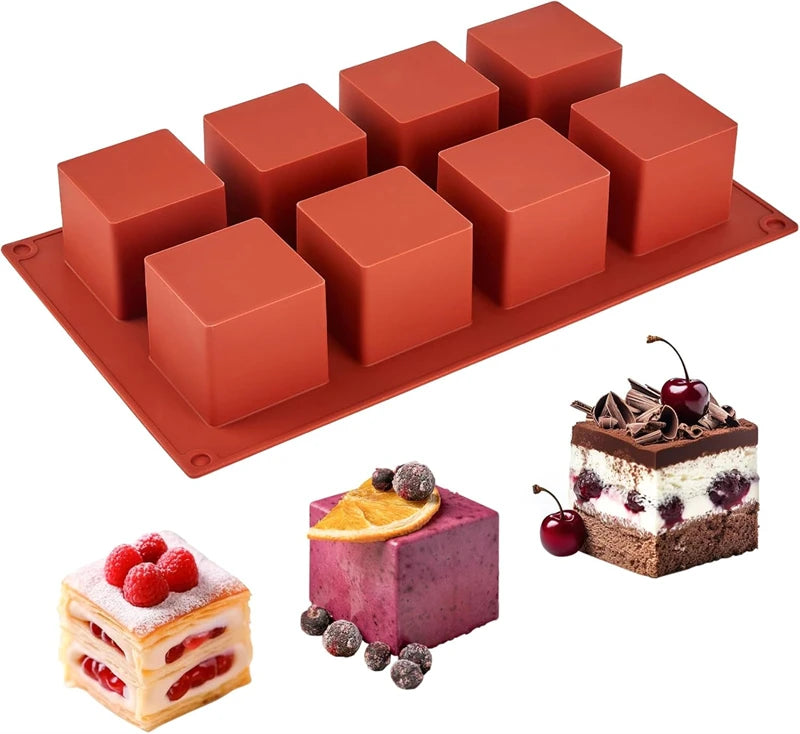 8 Cavity Silicone Cube Cake Mould – 3D Square Mousse & Dessert Mould – Ideal for Brownie Bites, Mousse Cakes & Chocolates