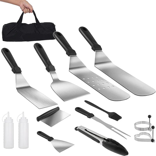 12-Piece Professional Heavy-Duty Stainless Steel Griddle Spatula Set with Utensils & Carry Bag – Includes Spatulas, Turners, Scrapers, Tongs, Bottles, Ring Moulds, Basting Brush & Storage Bag – Ideal for Flat Top Grilling, Teppanyaki, Hibachi & BBQ