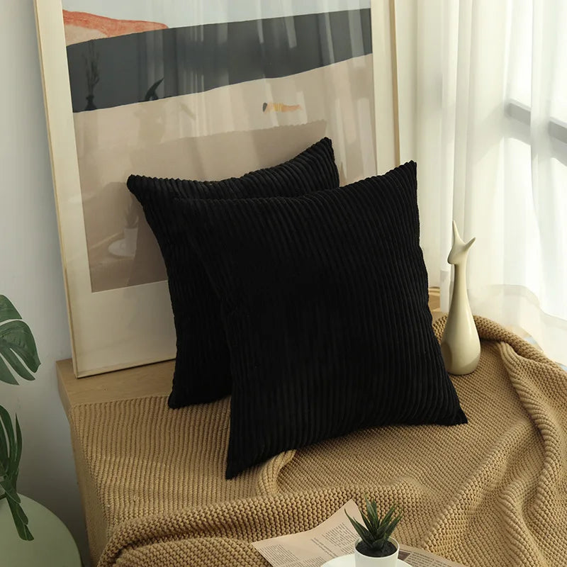 2 Piece Corduroy Striped Throw Pillow Cases 45x45cm – Soft Plush Decorative Cushion Covers – Great for Sofas, Beds & Living Rooms