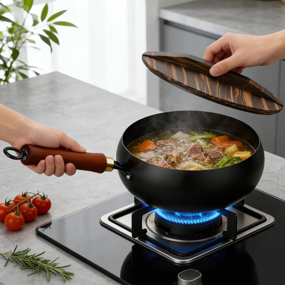 Carbon Steel Wok with Wooden Lid & Beech Wood Handle – Deep Stir-Fry Pan & Soup Pot – Perfect for Stir-Frying, Soups & Everyday Cooking (28cm)