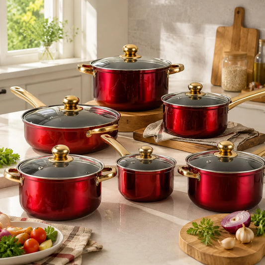 Red Non-Stick Stainless Steel Pots & Pans Set with Glass Lids – 6 Piece Thickened Cookware Set – Great for Induction, Gas, Electric & Ceramic Hobs