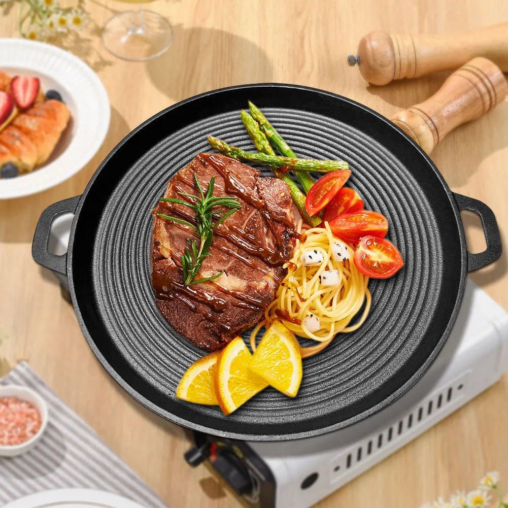 Round 34cm Iron Grill Pan Nonstick Pan With Handles Griddle For Gas Stove Home Outdoor Travel