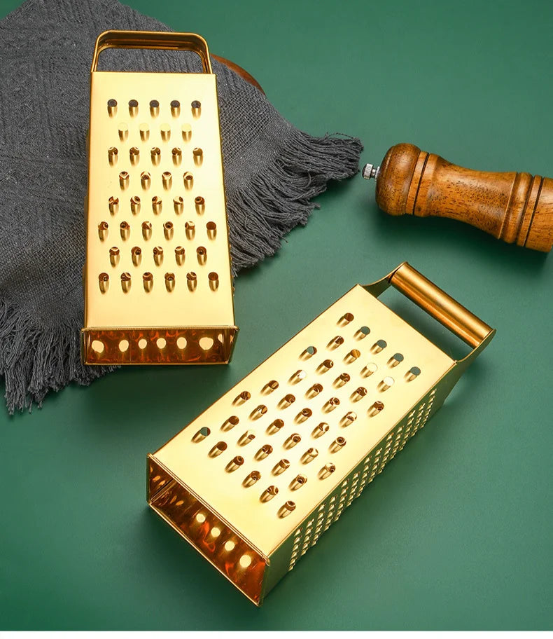 Stainless Steel Four-Sided Cheese Grater – Multi-Functional Handheld Box  Grater  & Vertical Fruit Slicer, Available in Gold & Silver