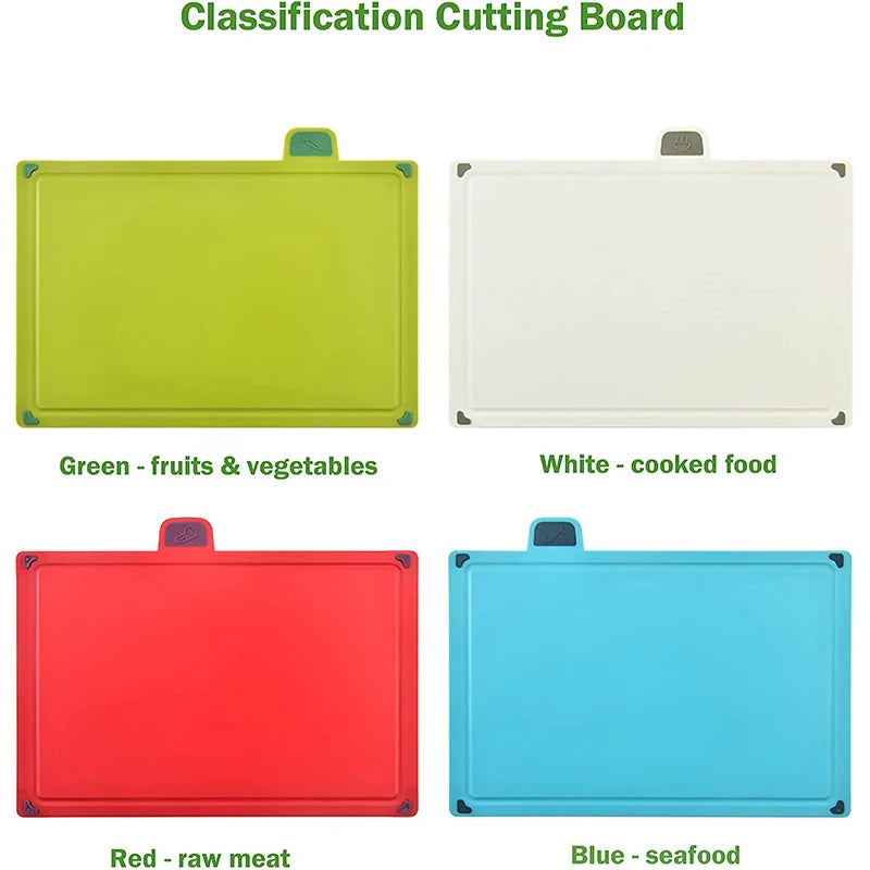 4 Piece Colour-Coded Plastic Chopping Board Set with Storage Stand – Thick Slip-Resistant Cutting Boards – Great for Meat, Fish, Vegetables & Fruit