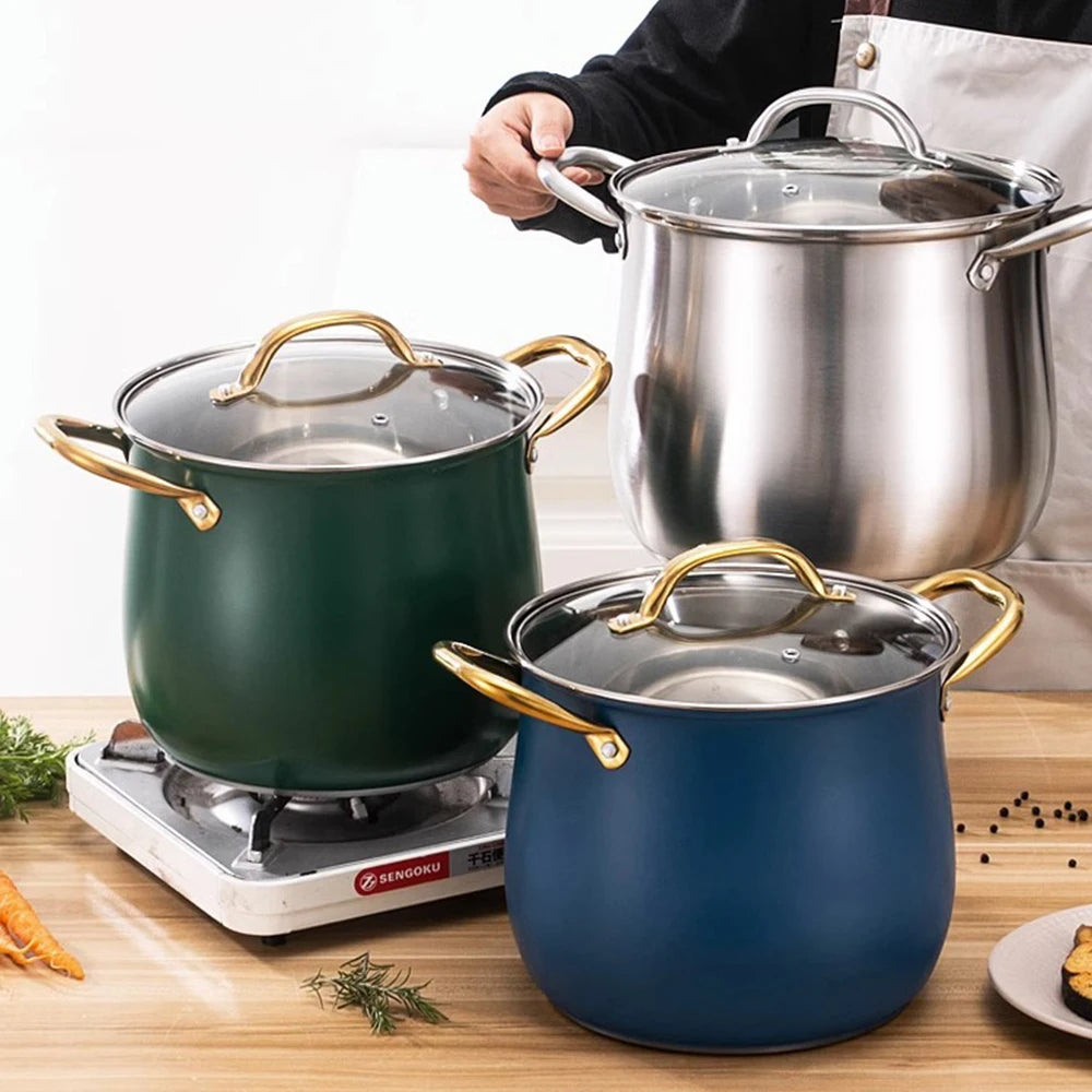 Stainless Steel Stock Pot with Glass Lid & Gold Handles – Thickened Base, Induction Compatible, Great for Soups, Stews, and Everyday Cooking