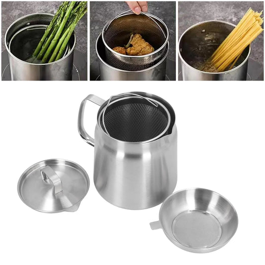 Stainless Steel Oil Strainer Pot, Frying Basket with Lid & Filter Cover – Versatile 304 Fine Mesh Filter Large-Capacity Pot for Frying, Boiling, Oil Collection & Storage – Ideal for Deep Frying,  Blanching &amp; Safe Kitchen Storage