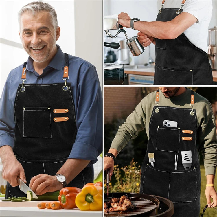 Canvas Chef Apron with Cross Back Straps – Cotton Kitchen Work Apron with Large Pockets – Best for Cooking, Baking & Grilling – Available in Dark Khaki, Blue, Black, White & Dark Grey Colours