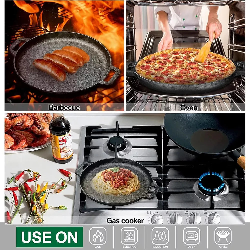 Cast Iron Double Handle Frying Pan with Gloves – Non-Stick Grill Skillet, Pancake & Pizza Pan – Perfect for Home & Outdoor Camping (28cm)