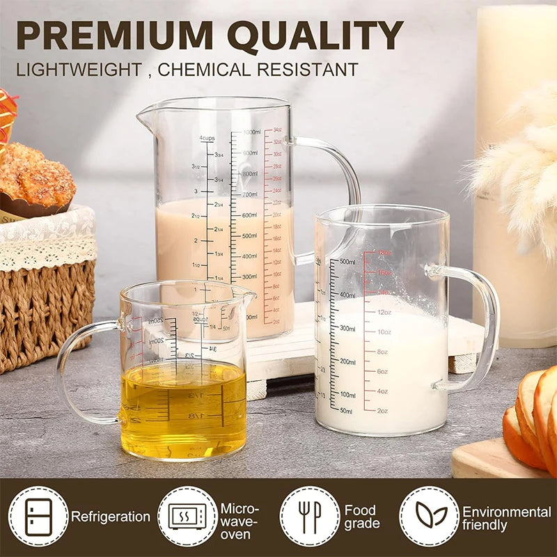 Borosilicate Glass Measuring Jug with Handle & V-Shaped Spout – Clear Scale Measuring Cup – Best for Baking, Liquids & Microwave Use – Available in 400ml, 500ml, 600ml & 1000ml