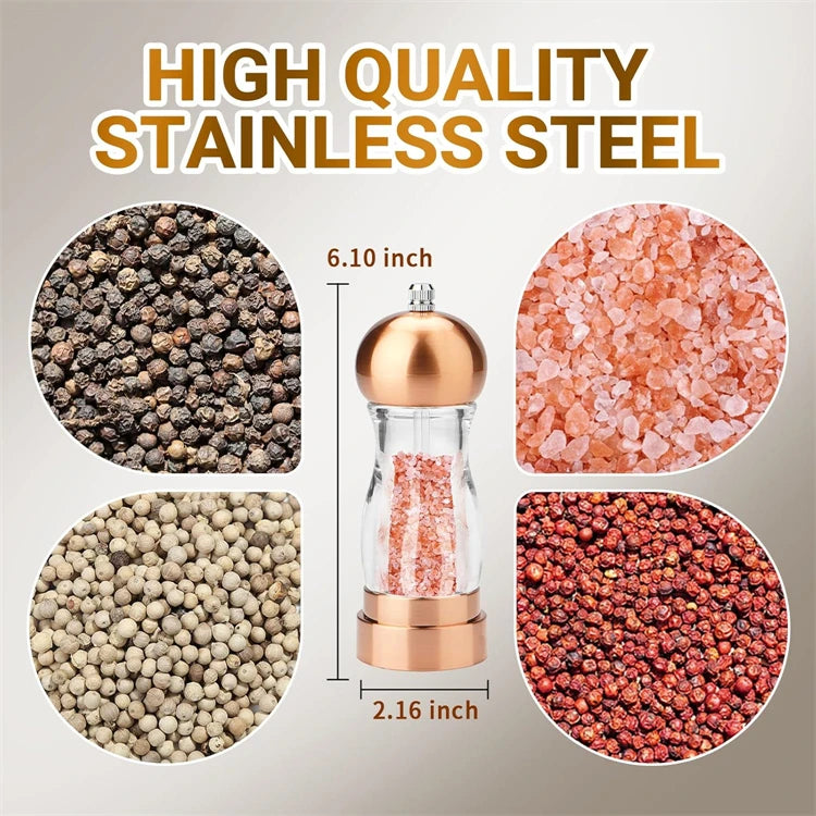 6 Inch Acrylic Salt & Pepper Mill – Manual Salt & Pepper Grinder with Adjustable Ceramic Coarseness – Refillable Peppercorn Grinder – Great for Sea Salt & Peppercorns for the Kitchen & Dining Table