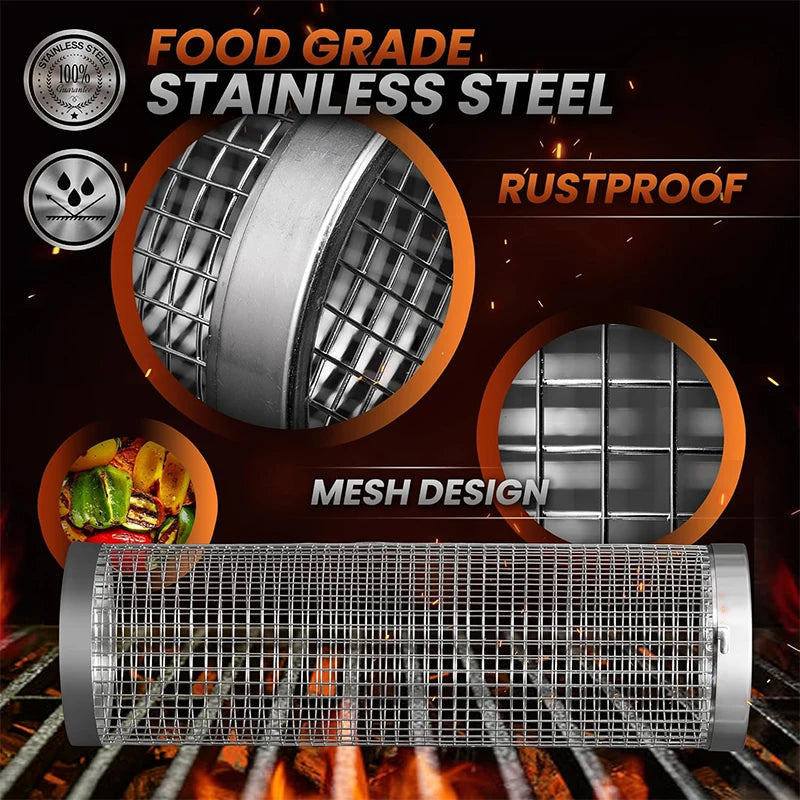 Stainless Steel Rolling BBQ Grill Basket