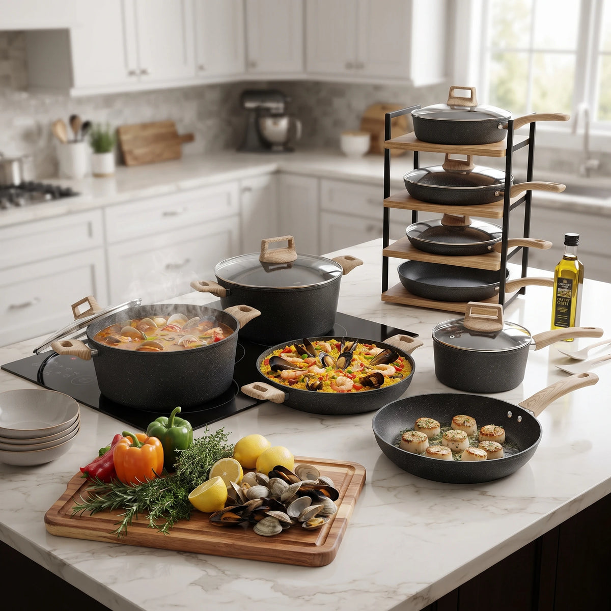 Ceramic Non-Stick Pots & Pans Set 14 Piece – PFAS-Free Aluminium Cookware with Frying Pans, Saucepans, Stockpot & Steamer – Ideal for Induction & Easy Cleaning