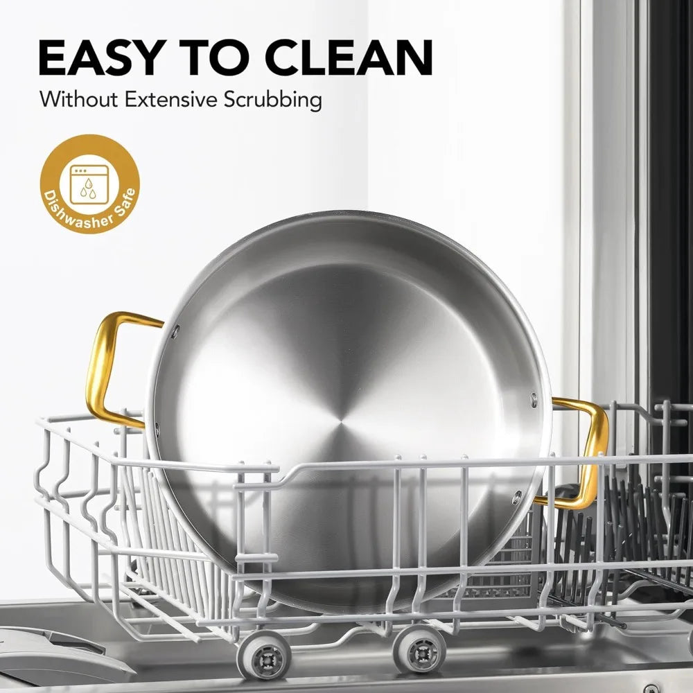 Stainless Steel Sauté Pan with Golden Handles & Glass Lid – Tri-Ply Deep Pan Ideal for Searing, Sautéing, Frying, Simmering & One-Pan Meals – Durable, Even-Heat Construction – All-Cooktop Compatible – 30cm