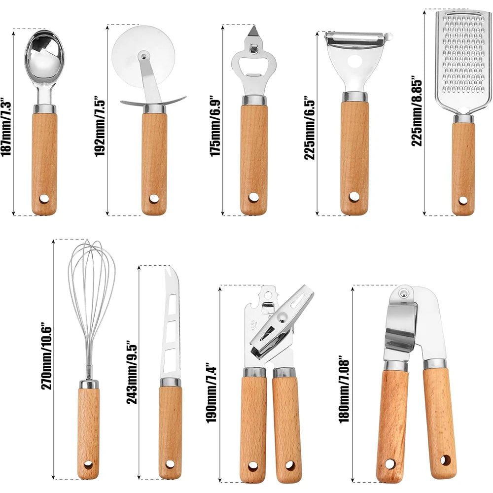 Stainless Steel Kitchen Gadget Set with Wooden Handle
