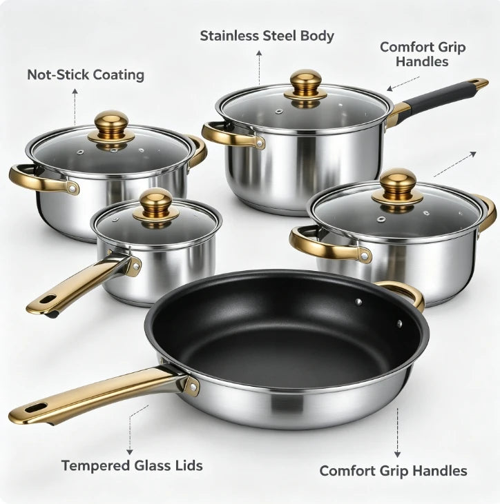19 Piece Stainless Steel Cookware Set – 6 Pots with Lids, 6 Spatulas & Anti-Scald Clip – Best for Induction, Gas & Everyday Family Cooking