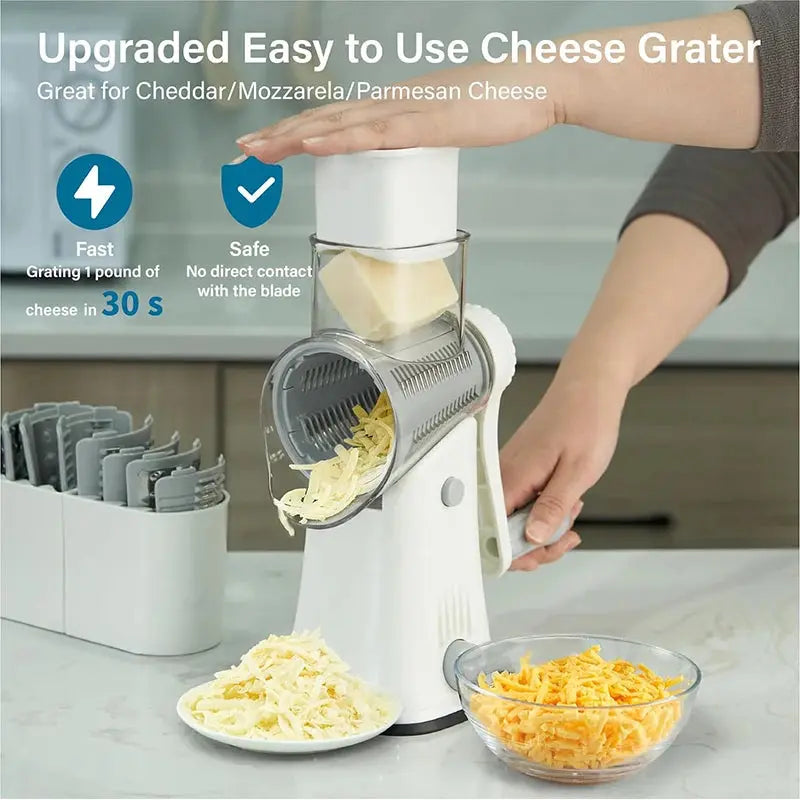 5-in-1 Rotary Cheese and Vegetable Grater with Handle and Suction Base – Multifunctional Interchangeable Rotating Drum Blades for Slicing, Shredding, and Grinding.(Available in Green, White, and Black Colours)