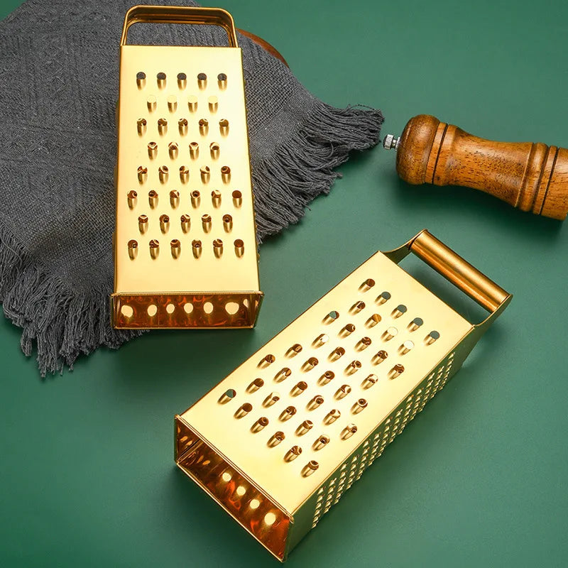 Stainless Steel Four-Sided Cheese Grater – Multi-Functional Handheld Box  Grater  & Vertical Fruit Slicer, Available in Gold & Silver
