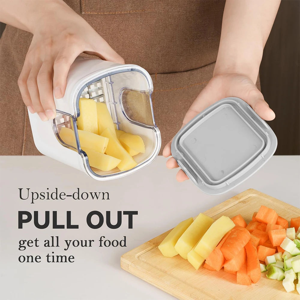 French Fry Cutter & Potato Slicer with Container – Manual Vegetable Chopper with 3 Stainless Steel Blades – Ideal for Chips, Apples & Onions