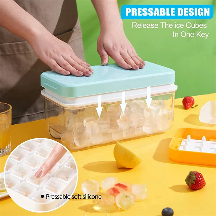 Stackable Silicone Ice Cube Tray Set with Storage Bin – 2 Trays & 64 Nugget Ice Moulds – Best for Chilling Drinks & Freezing – Available in Pink, Blue, Green & Orange Colours
