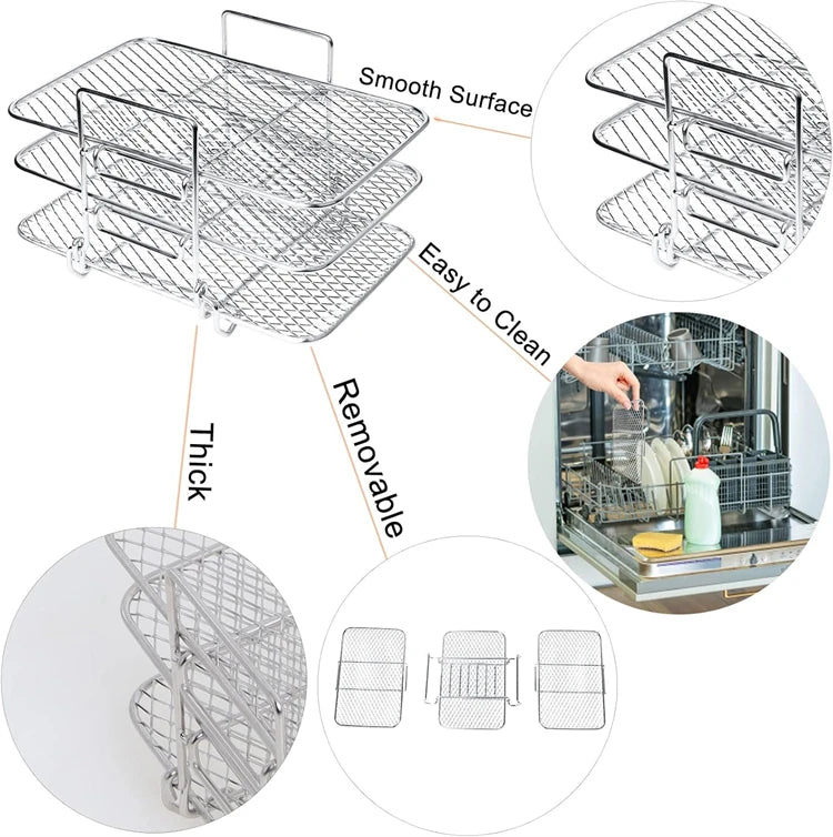 Stainless Steel Rectangle Air Fryer Rack – Stackable Multi-Layer Grill Rack for Rectangle Air Fryer Baskets – Ideal for Cooking More Food at Once
