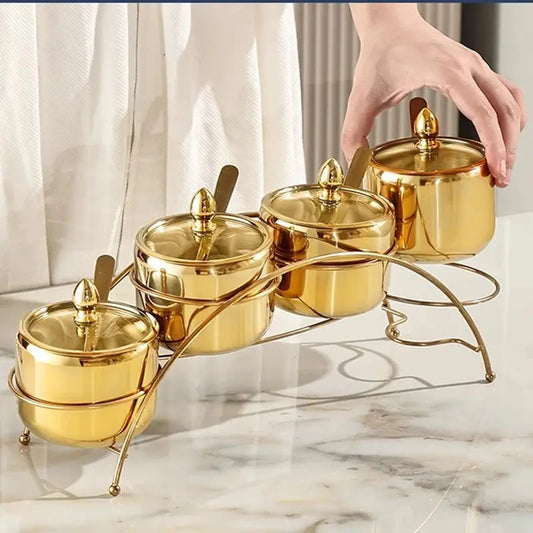 Luxury Golden 304 Stainless Steel Seasoning / Condiment Pot Set with Tempered Glass Lids, Matching Spoons & Storage Rack – Elegant Spice Containers with Food-Grade Coating – Ideal for Salt, Sugar, Spices & Condiments