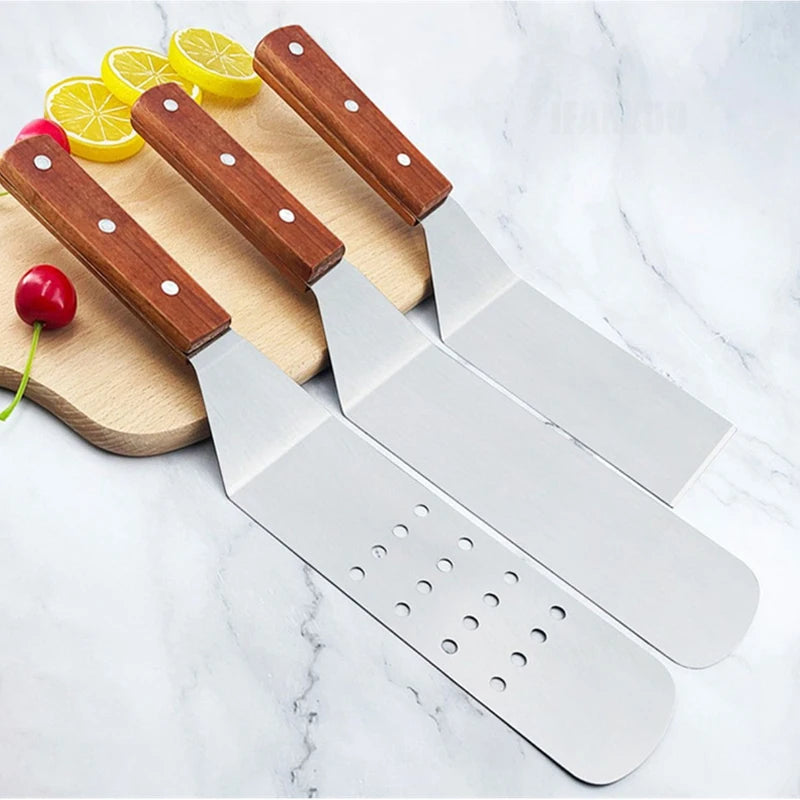 Stainless Steel Griddle Spatula & Grill Scraper with Wooden Handle – Square Head Burger Turner & Pizza Shovel – Perfect for BBQ, Steaks & Pancakes