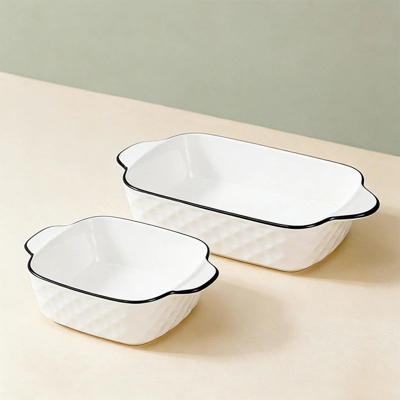 White Ceramic Baking Dish Set with Black Rim & Handles – Diamond Embossed Porcelain, Oven Safe, Great for Au Gratin, Casseroles, and Everyday Baking