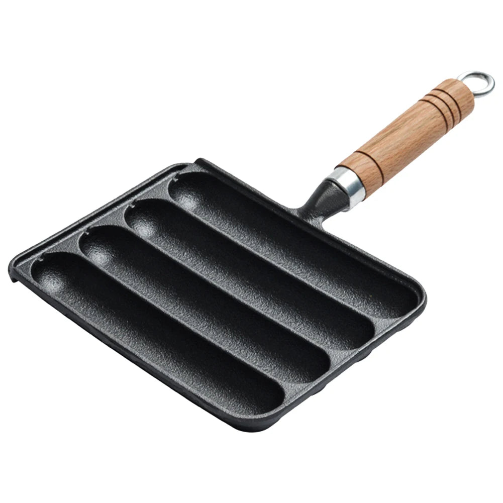Cast  Iron Preseasoned Grilled Sausage Pot Nonstick Hot Dog Pan With Wooden Handle Hot Dog  Anti Scald