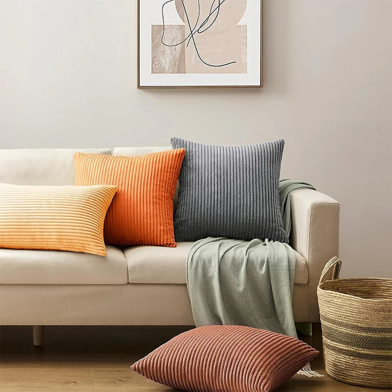 2 Piece Corduroy Striped Throw Pillow Cases 45x45cm – Soft Plush Decorative Cushion Covers – Great for Sofas, Beds & Living Rooms