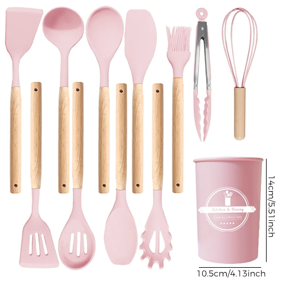 Pink Silicone Kitchen Utensil Set with Wooden Handles – 12 Piece Non-Stick Spatulas, Turner & Whisk – Ideal for Non-Stick Cookware & Baking