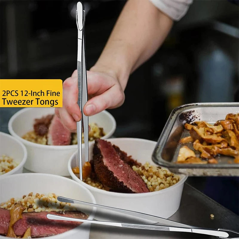 2 Piece Stainless Steel Kitchen Tweezers – Heavy Duty Chef Cooking Tongs – Ideal for Plating, Grilling & Precise Cooking – Available in 10 Inch & 12 Inch