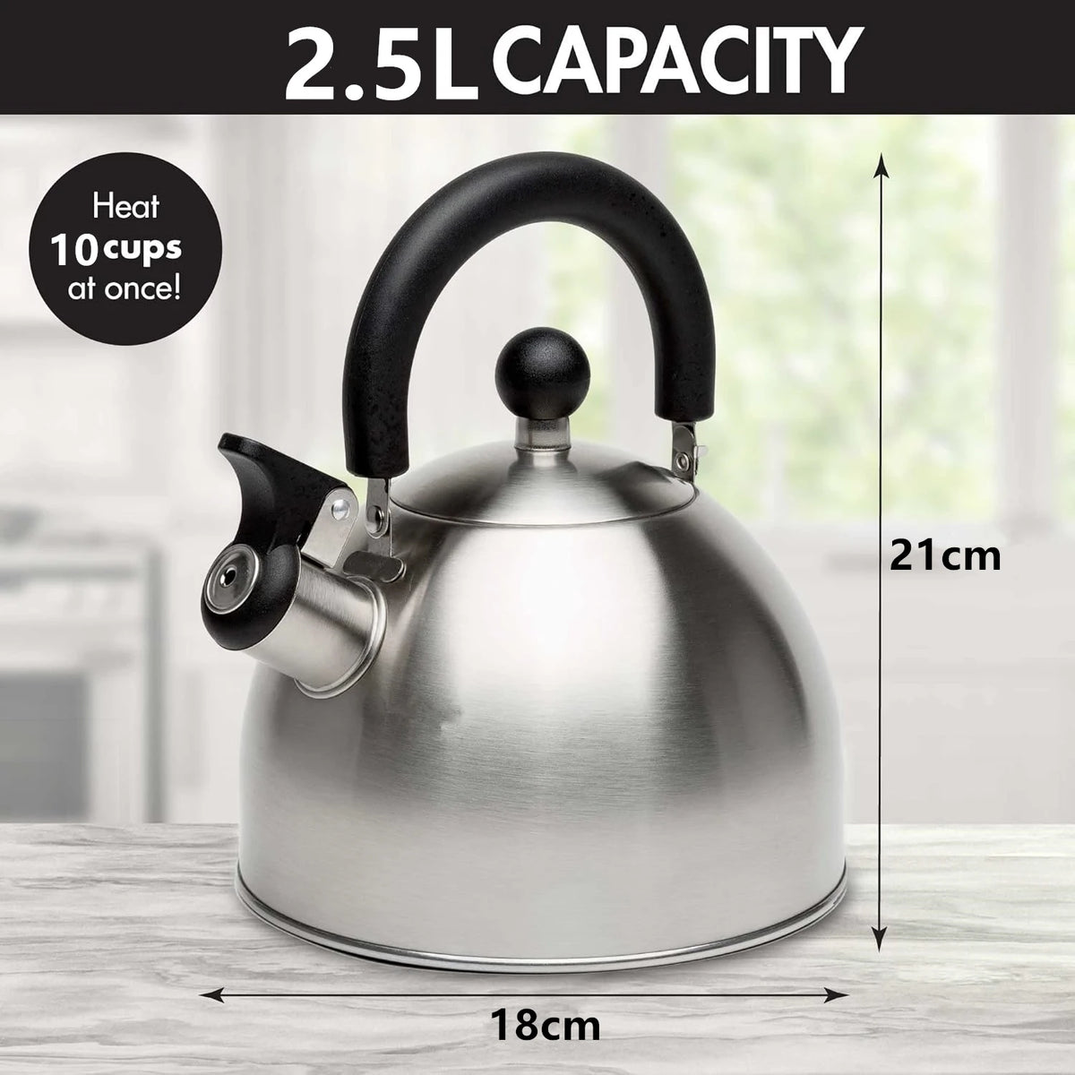 2.5L 304 Stainless Steel Whistling Tea Kettle with Heat Resistant Handle – Stove Top Teapot – Best for Boiling Water for Tea & Coffee – Suitable for Gas, Electric & Induction Hobs