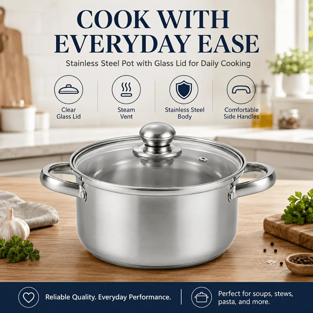Stainless Steel Cooking Pot with Glass Lid – Brushed Silver Soup & Stew Pot for Induction & Gas Hobs – Great for Soups, Pasta & One-Pot Meals