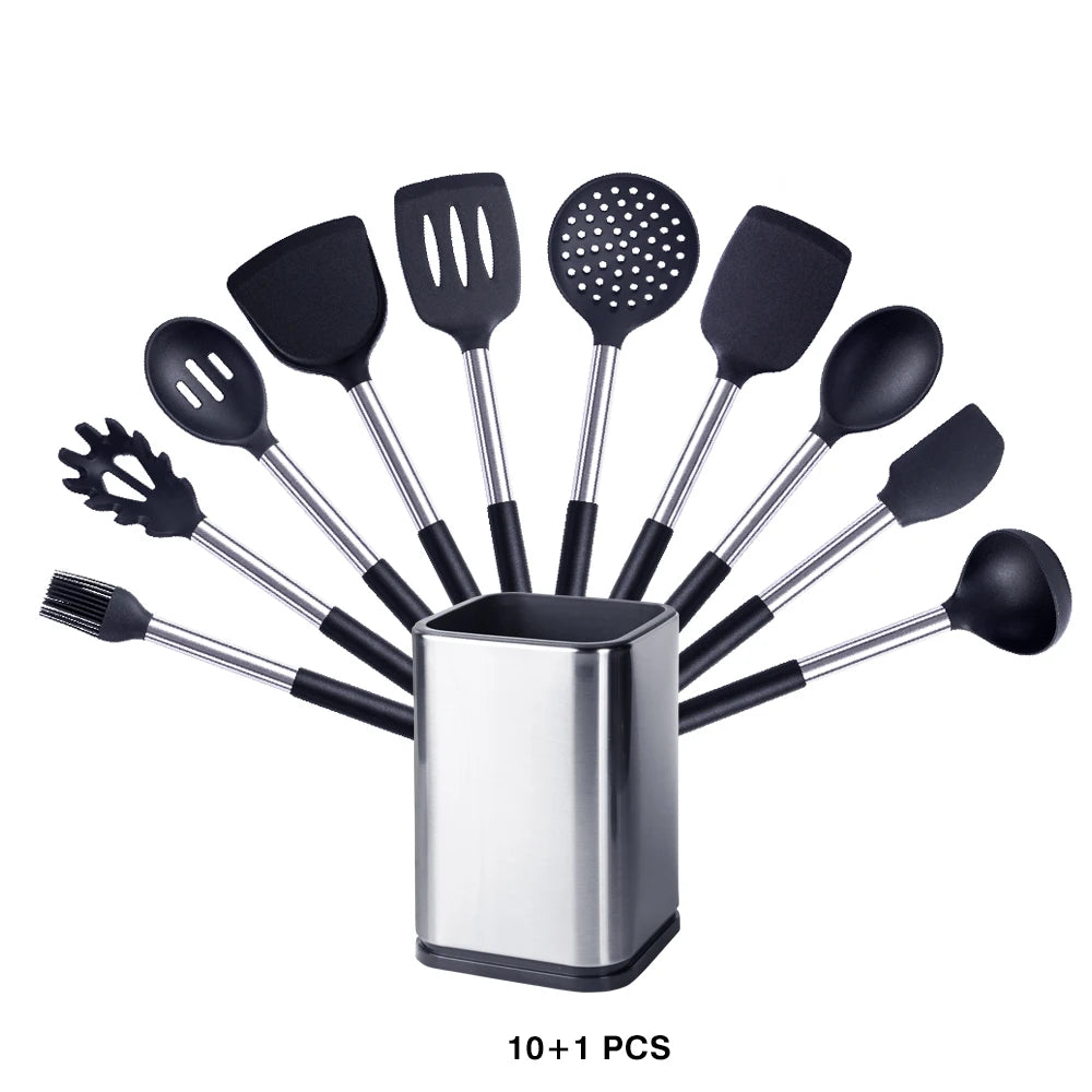Silicone Kitchen Utensils Set with Stainless Steel Handles – Non-Stick Safe, Heat Resistant | Grey & Black | Available in 5 to 15-Piece Sets