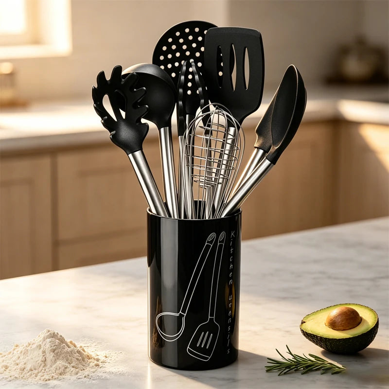 9-Piece Silicone Kitchen Utensils Set with Kitchen Utensils Storage Holder – Non-Scratch, Heat Resistant &amp; Dishwasher Safe