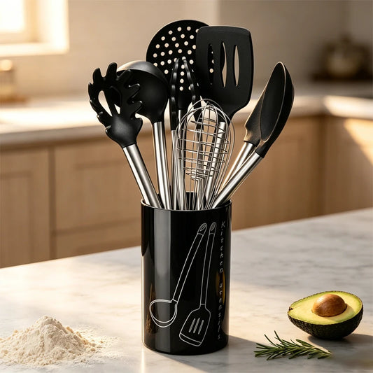 9-Piece Silicone Kitchen Utensils Set with Kitchen Utensils Storage Holder – Non-Scratch, Heat Resistant &amp; Dishwasher Safe
