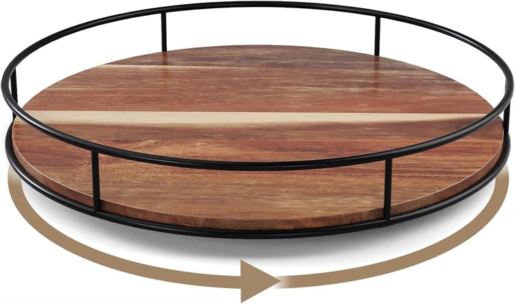 Acacia Wood Lazy Susan Turntable with Metal Frame – Rotating Countertop Organiser & Serving Tray – Great for Spices, Condiments & Serving – Available in 15cm, 16.7cm, 22cm & 29cm