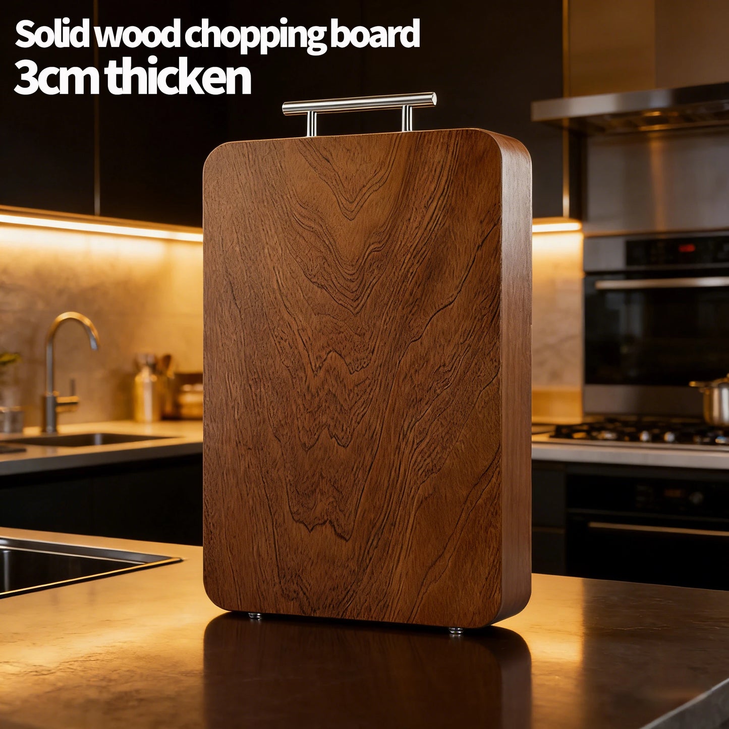 Solid Wood Rectangular Cutting Board with Handle – 3cm Thick, Double-Sided, Paint-Free, Great for Chopping Meat, Vegetables, and Everyday Kitchen Use