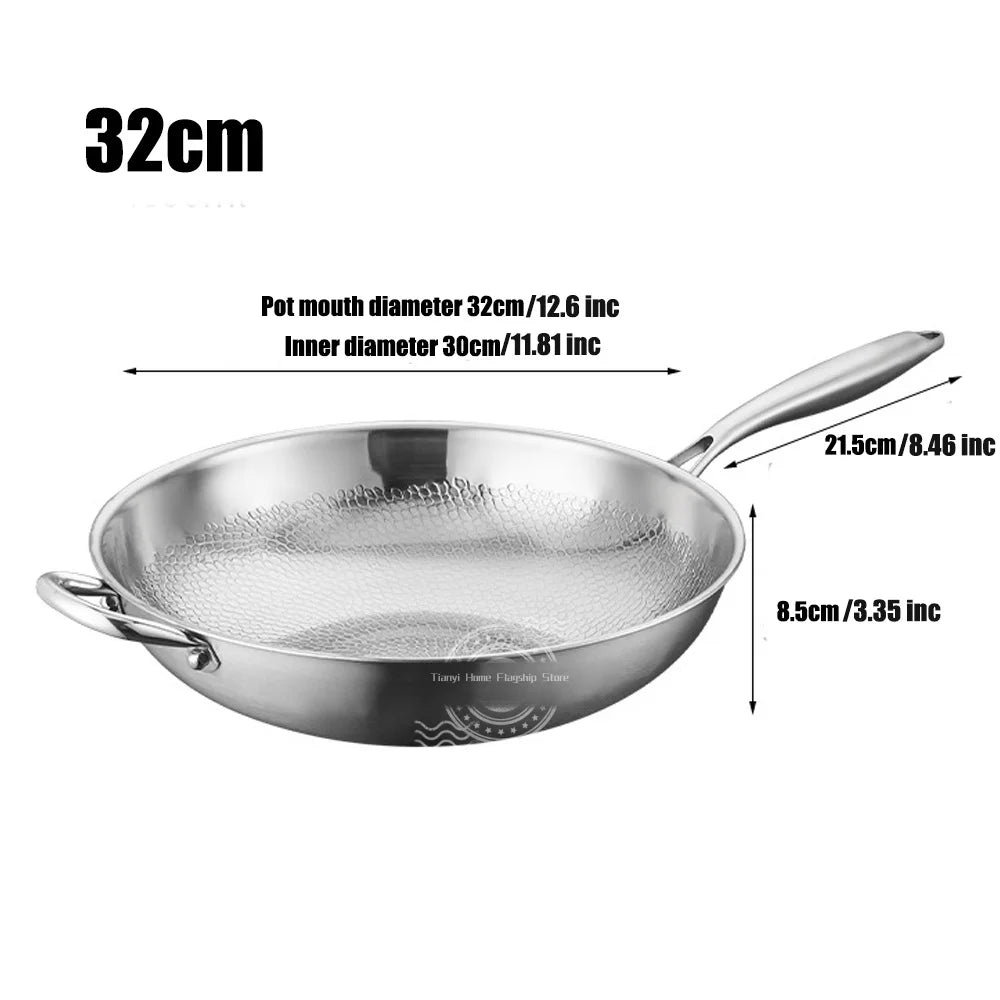 Titanium Stainless Steel Wok & Large Frying Pan – Uncoated 304 Steel Chef's Pan for Induction & Gas – Best for Stir-Frying, Steaks & Family Meals – Available in 32cm & 34cm 32cm