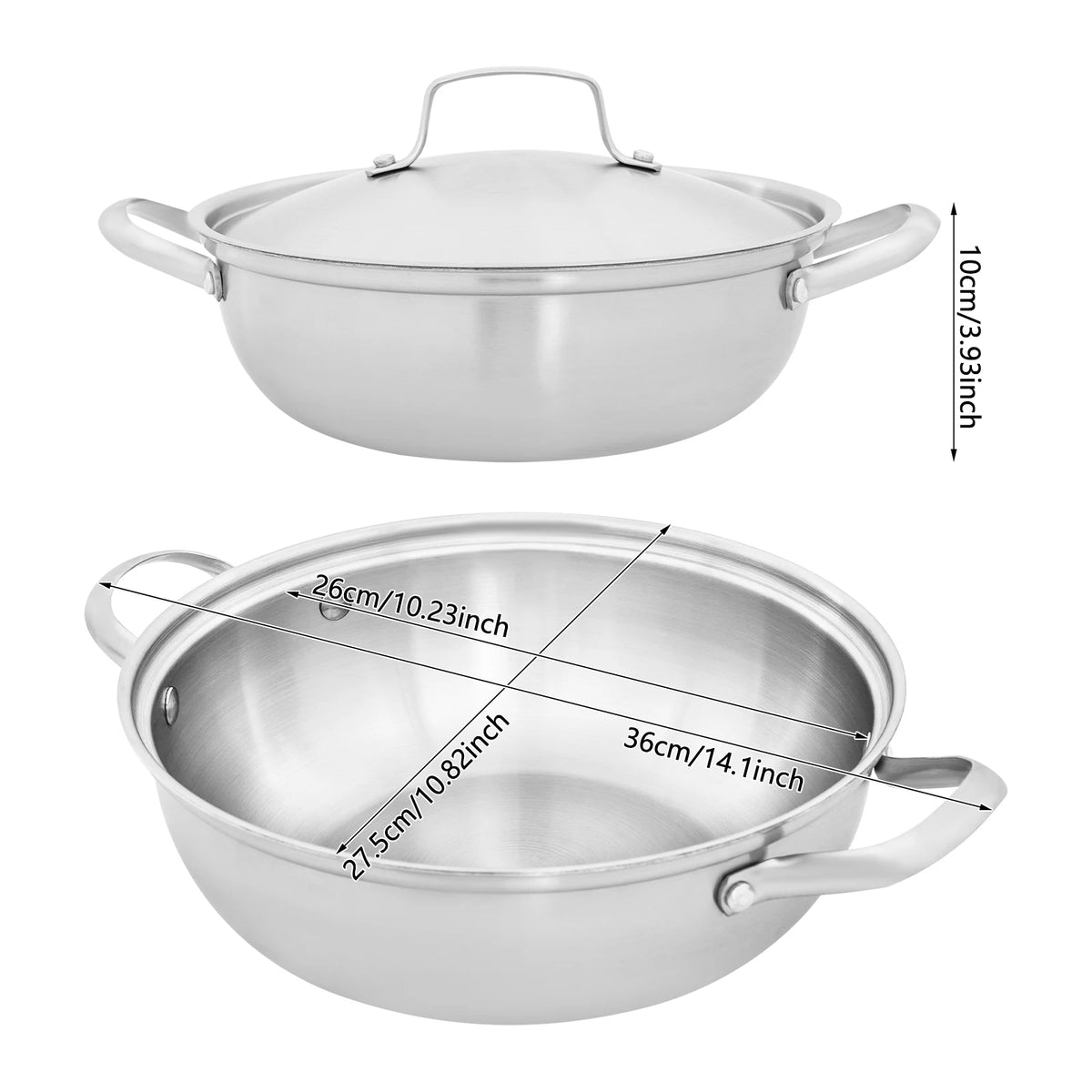 Stainless Steel Double Handle Wok with Lid & Steamer Rack – Composite Steel Soup Pot & Stir-Fry Pan – Ideal for Soups, Steaming & Stir-Frying (26cm)
