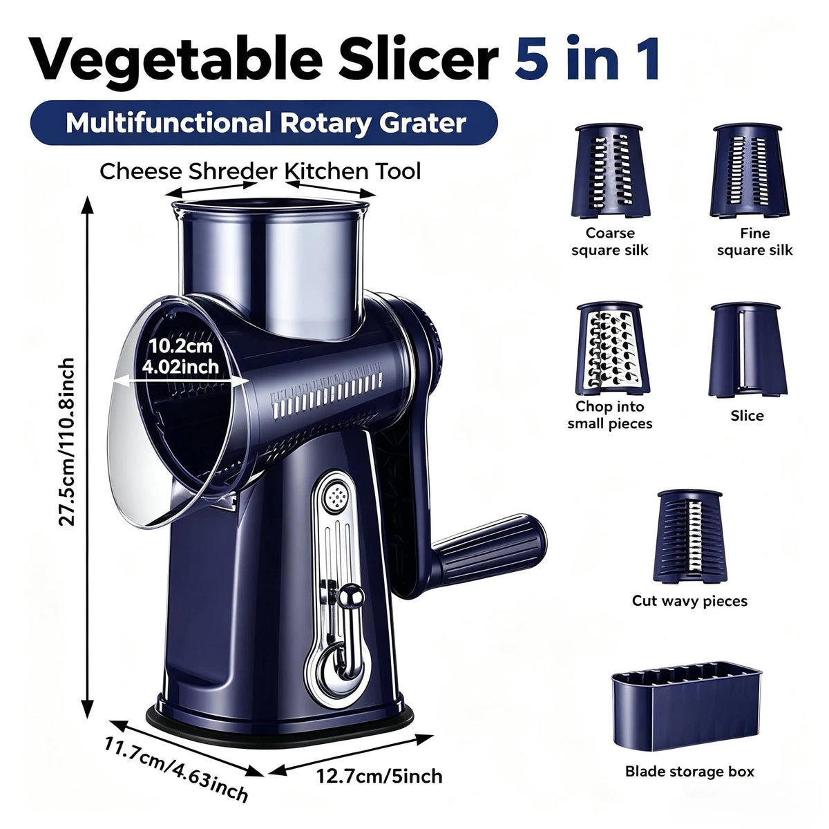 5-in-1 Rotary Vegetable Slicer & Handheld Drum Grater – 5 Stainless Steel Cones with Suction Base – Best for Cheese, Veg, Fruit & Nuts