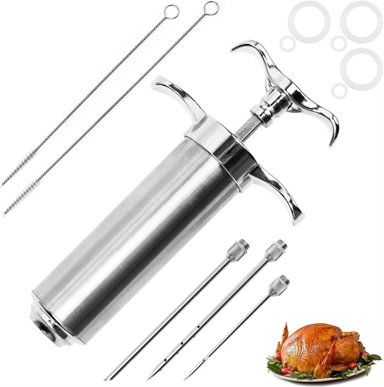 2oz Stainless Steel Meat Injector Syringe Kit with 3 Marinade Needles – Flavour Injector for Beef, Chicken & Turkey – Perfect for BBQ, Smoking & Roasting