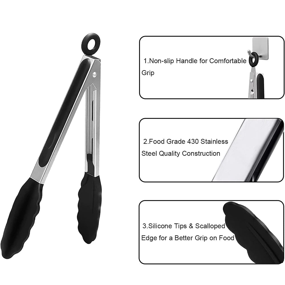 Stainless Steel Kitchen Tongs with Silicone Tips – Nonstick Cooking & BBQ Grilling Tongs – Best for Serving, Frying & Salads